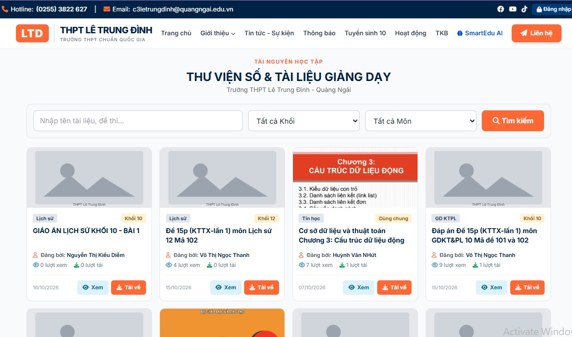 Giao diện thư viện số Trường THPT Lê Trung Đình