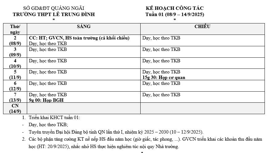 Lịch công tác tuần 1, NH 2025 2026