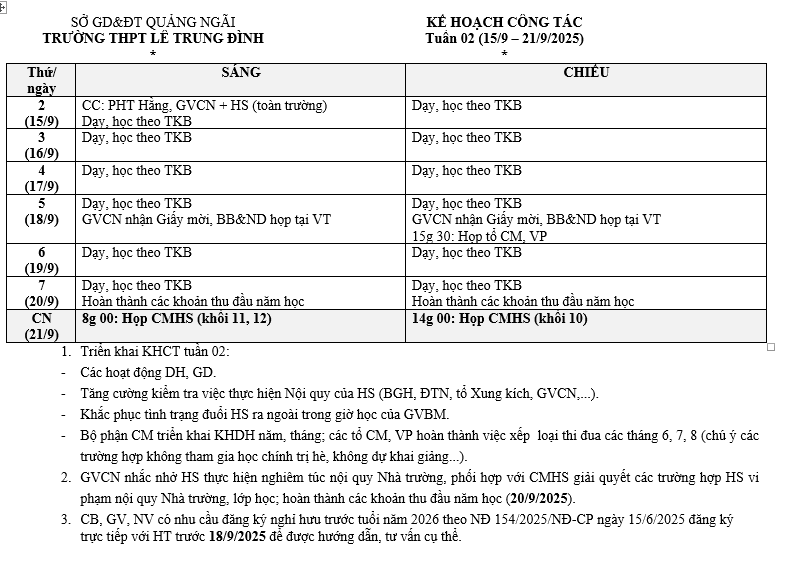 Lịch công tác tuần 2, NH 2025-2026