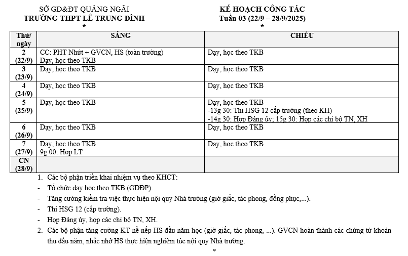 Lịch công tác tuần 3 Nh 25 26